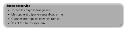 Zones desservies •	Toutes les régions françaises •	Métropole et départements d'outre-mer •	Grandes métropoles et zones rurales •	Îles et territoires spéciaux